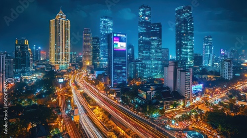 Wallpaper Mural Night cityscape, highway traffic, skyscrapers, vibrant lights, Southeast Asia Torontodigital.ca