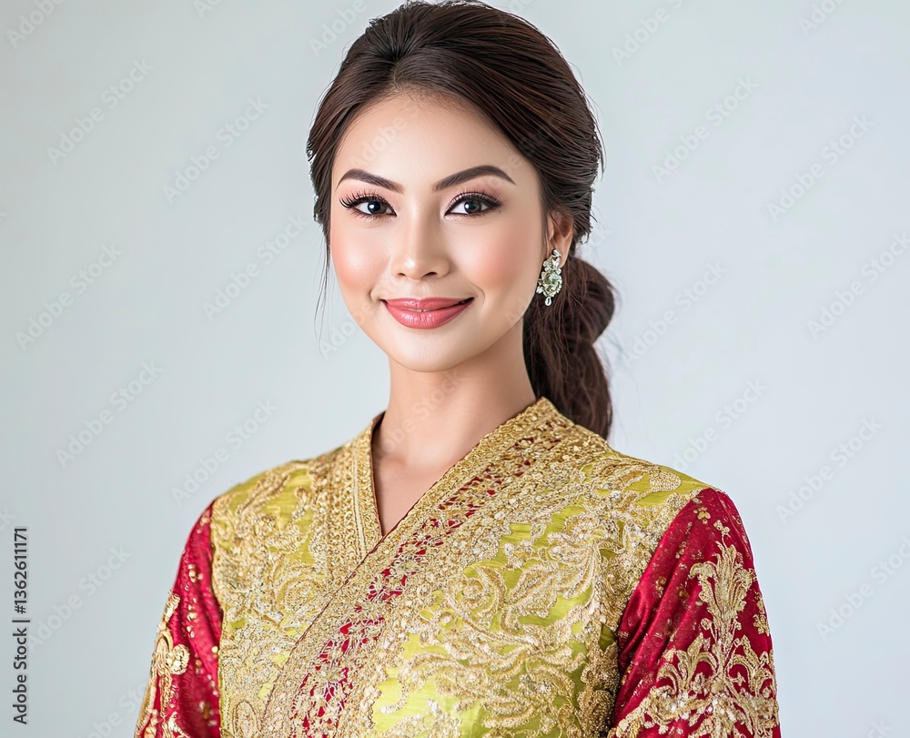 Woman Smiling Wearing Traditional Dress with Golden Embroidery and Elegant Earrings Woman Smiling Wearing Traditional Dress with Golden Embroidery and Elegant Earrings
