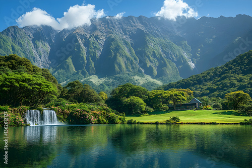 Lush mountain scenery with lake reflection and waterfall in foreground
