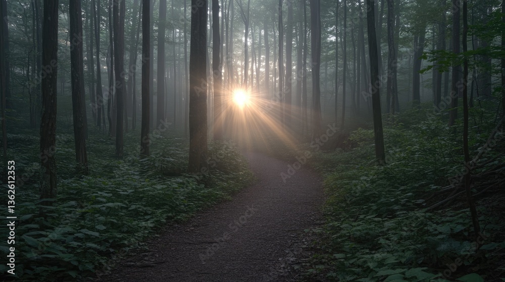Fototapeta premium A dreamy forest pathway with sunlight faintly breaking through thick fog