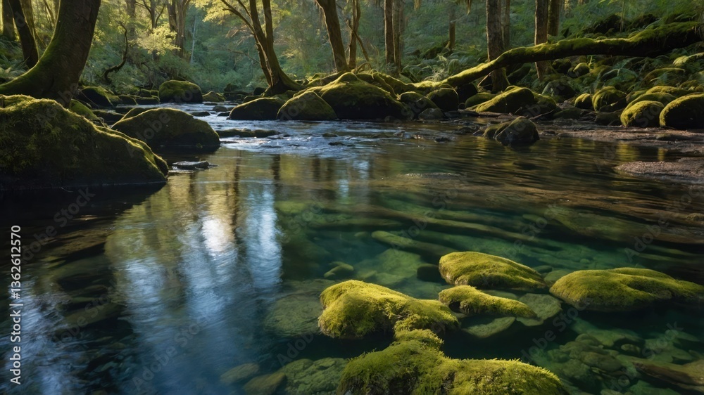 Fototapeta premium A serene forest scene with a clear stream and moss-covered rocks.
