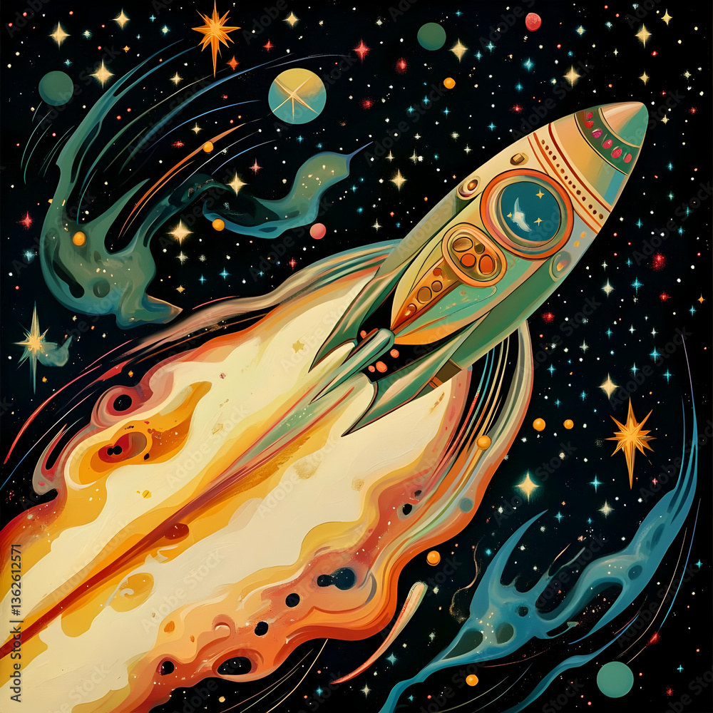 A colorful rocket soaring through a starry space filled with planets and cosmic elements. A colorful rocket soaring through a starry space filled with planets and cosmic elements.