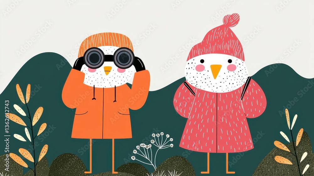Obraz premium Two Birds in Winter Attire Observe Nature