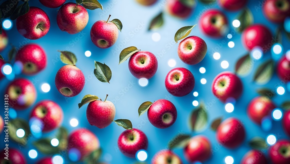 Fresh red apples floating against a soft blue background with twinkling lights creating a magical atmosphere Fresh red apples floating against a soft blue background with twinkling lights creating a magical atmosphere