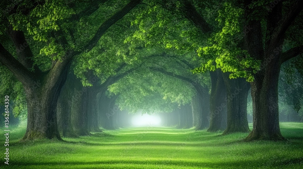 Obraz premium A foggy tree-lined path with soft diffused light filtering through the misty air