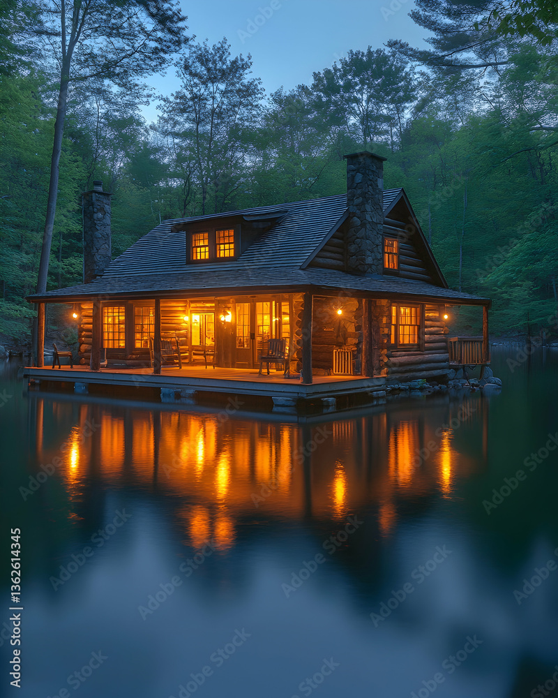 Obraz premium Lit log cabin on tranquil lake at twilight, with forest background