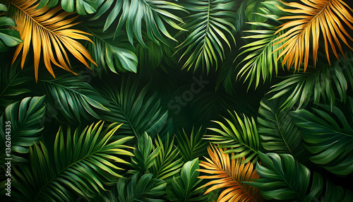 Lush, vibrant green tropical leaves with golden accents form a frame