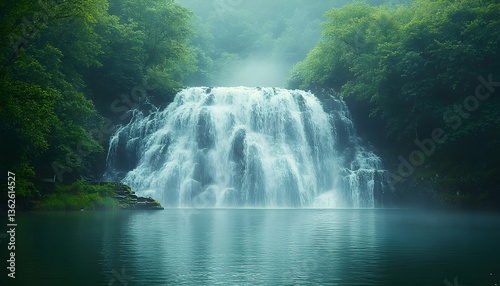 Lush waterfall cascades into a serene lake, surrounded by a dense, green forest