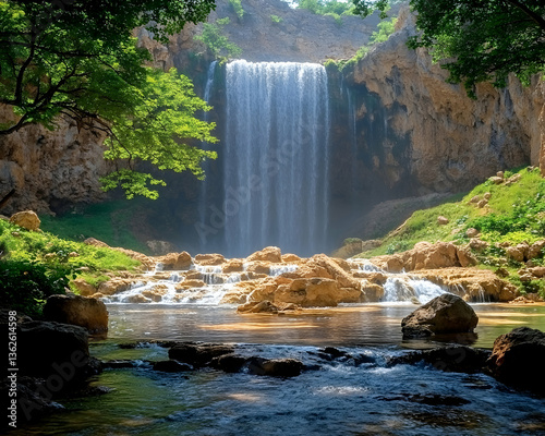 Lush waterfall cascades over rocks into a serene pool, nature's beauty