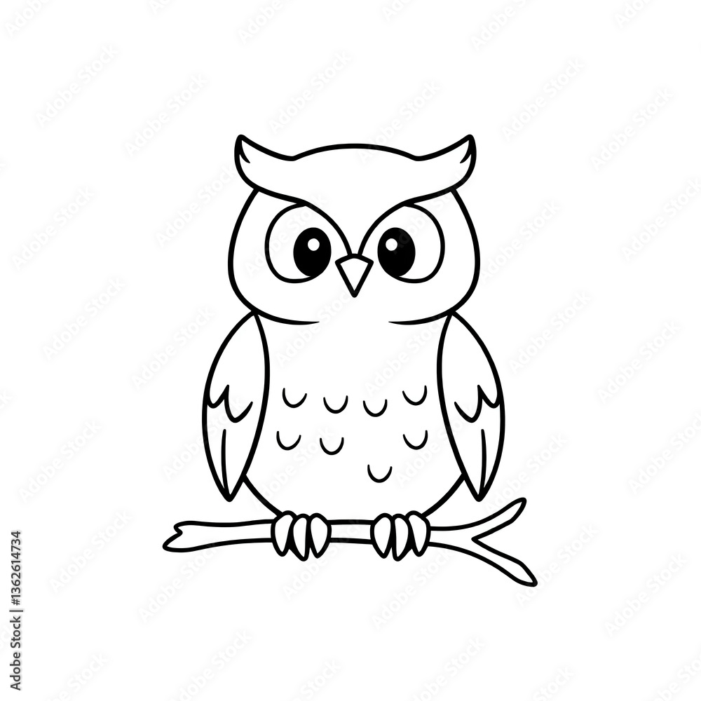 Fototapeta premium Cartoon Owl on Branch Line Art Black and White Illustration