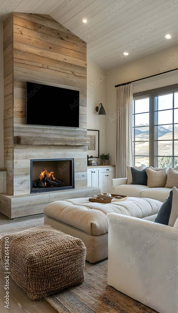 Fototapeta premium Living room features a fireplace, TV, and cozy seating in a modern design