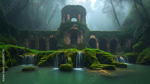 Lush waterfalls cascade before an ancient, overgrown stone structure in a misty forest