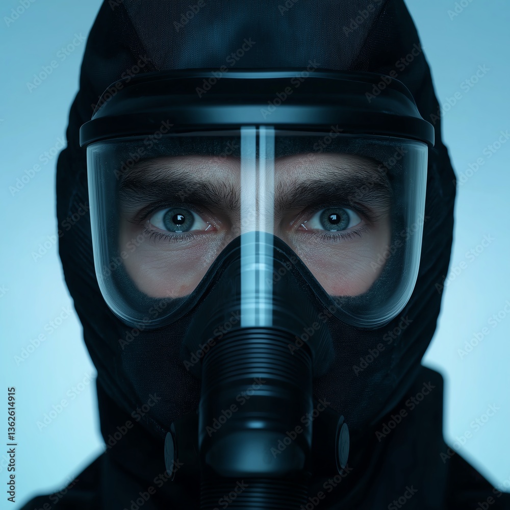 A close-up of a person wearing a gas mask, reflecting concern for health and safety in hazardous environments A close-up of a person wearing a gas mask, reflecting concern for health and safety in hazardous environments