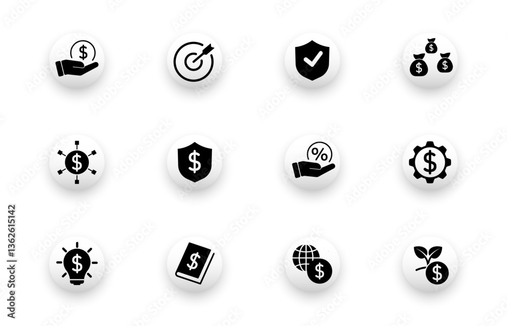 Naklejka premium Solid vector icon set with finance, banking, business, profit symbols. Web design icons.