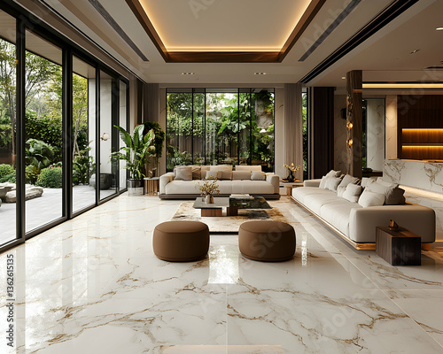 Luxurious living space with elegant marble floor and garden view