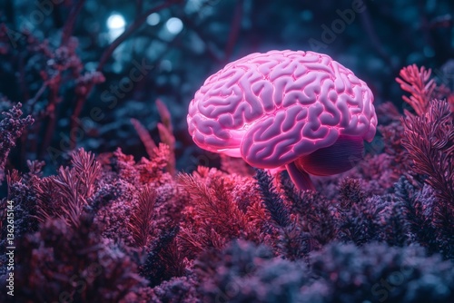 Colorful brain illuminated in a surreal forest at night with glowing foliage and vibrant colors