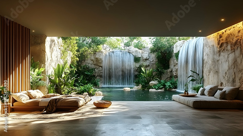 Luxurious space opens to a serene waterfall oasis