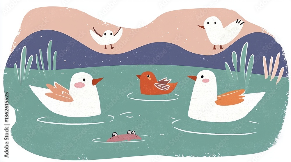 Obraz premium Whimsical Bird Pond Illustration Pastel Colors and Textured Art