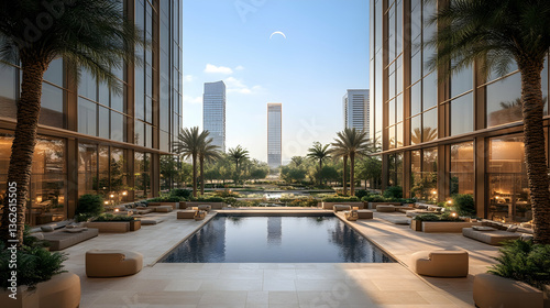 Luxury pool reflects buildings and sky under palms