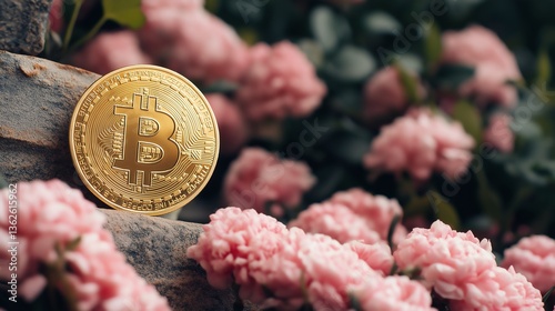 A close-up of a shiny Bitcoin coin resting among vibrant pink flowers photo