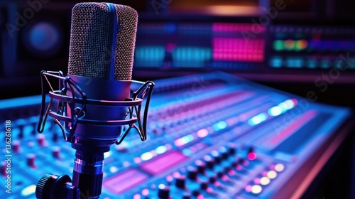 A high-quality cardioid microphone on a stand, connected to a digital mixing console with various knobs and sliders