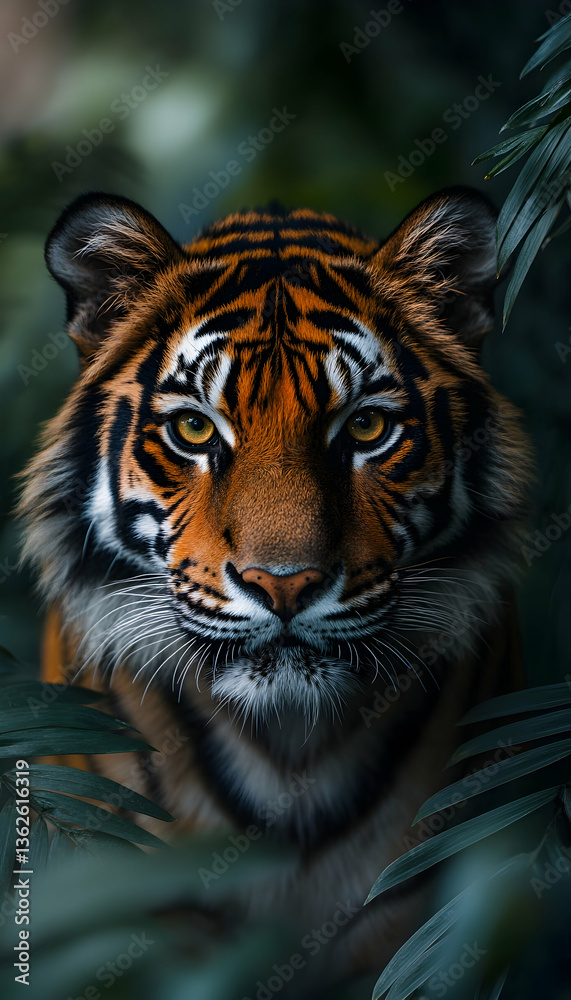 Fototapeta premium Majestic tiger portrait amidst verdant foliage