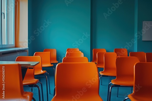 Orange Chairs Rows In Class Room Modern Empty Bright Seating Space. Interior View