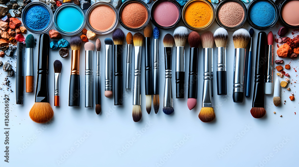 Naklejka premium Makeup brushes and colorful eyeshadow palettes atop a white background