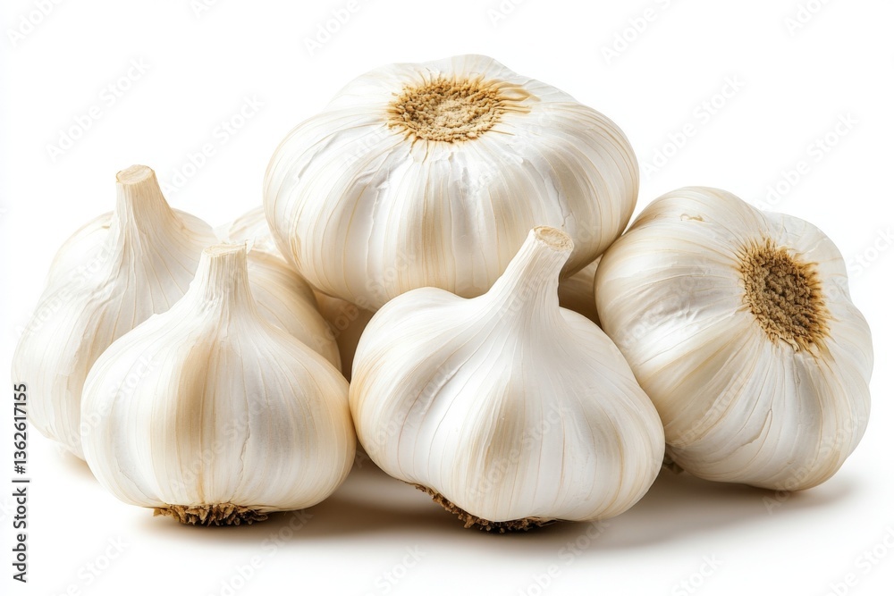 Garlic bulbs arranged on a white surface showcasing their natural textures and shapes in daylight Garlic bulbs arranged on a white surface showcasing their natural textures and shapes in daylight
