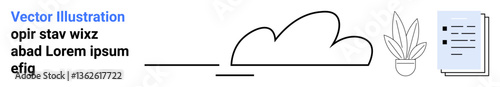 Abstract cloud with a simple plant in a pot and a document representing nature, productivity, minimalism, and harmony. Ideal for balance, workflow, sustainability, productivity, planning focus flat