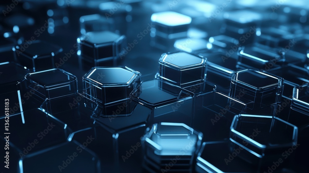 Fototapeta premium A smooth and glossy digital background of hovering glass hexagons, futuristic UI aesthetic, ultra-modern design