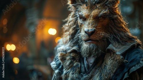 Chimera with a commanding presence, sporting a thick mane and fur-lined clothing, standing amidst warm, ambient lighting