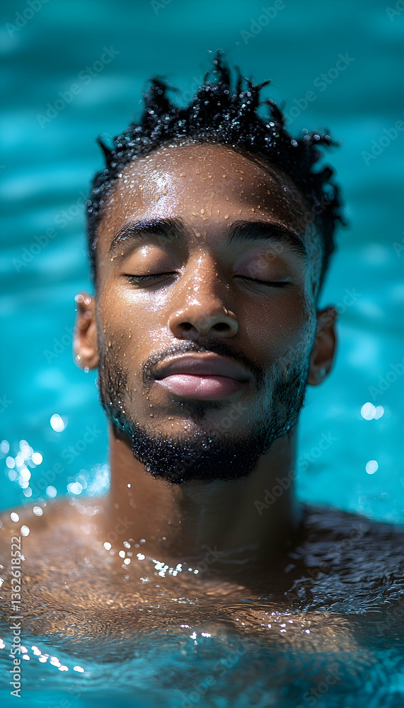 Fototapeta premium Man floats in blue water, eyes closed, peaceful expression, wet skin