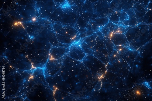 Abstract Network Dark Blue Web with Golden Orange Flashes of Connection Points