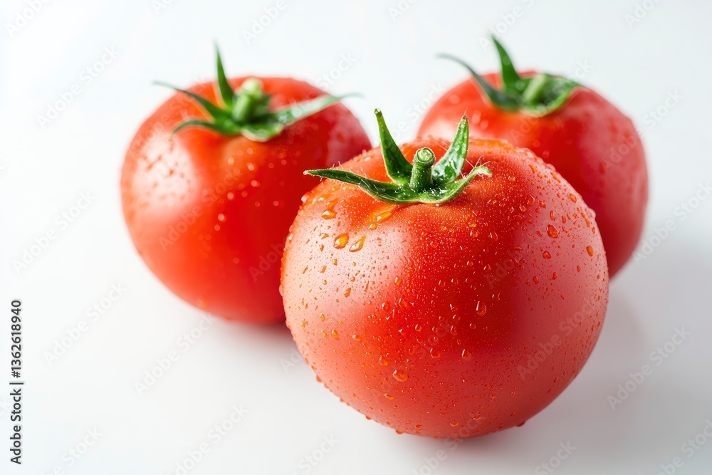Fresh Tomatoes with Water Droplets Close Up on White Background Fresh Tomatoes with Water Droplets Close Up on White Background