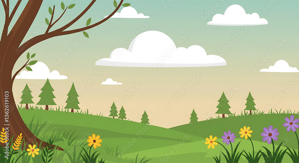 Obraz premium A cartoon landscape with trees flowers and cloudy sky