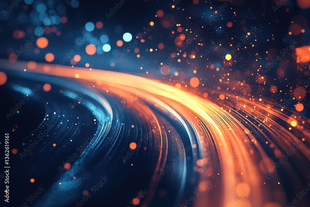Obraz premium Abstract Glowing Curves Orange Light Trails with Blue Bokeh Spheres Background