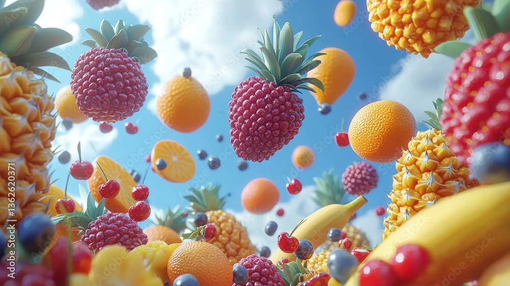 Vibrant Assortment of Tropical Fruits Floating Against a Sky Backdrop Vibrant Assortment of Tropical Fruits Floating Against a Sky Backdrop