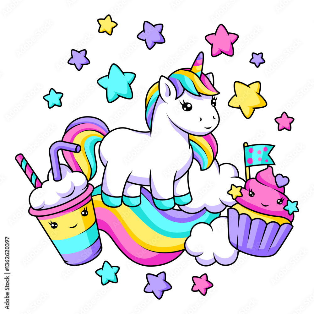 Fototapeta premium Print with unicorn. Happy birthday party design.