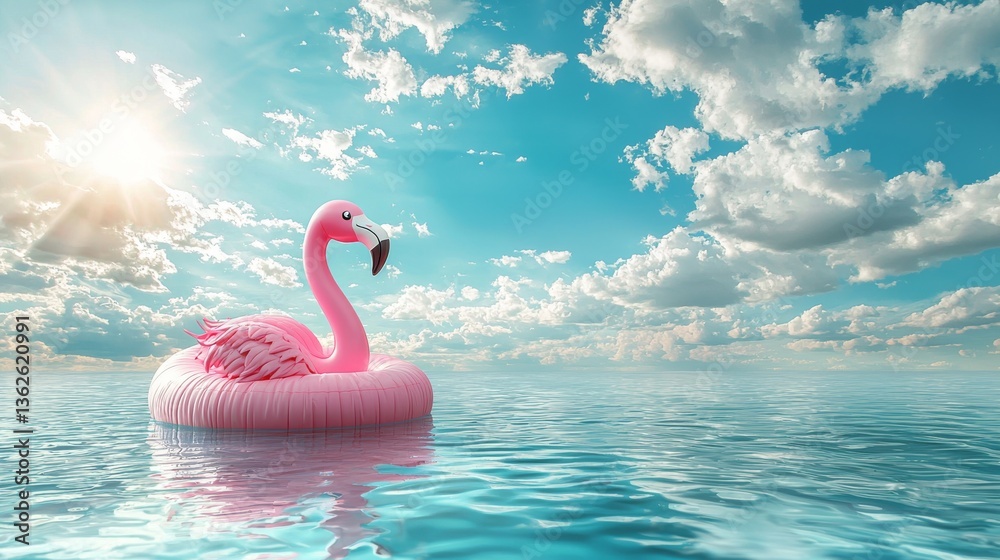 Idyllic summer getaway concept with a flamingo float in tranquil waters