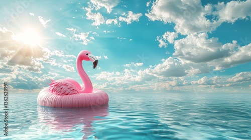 Obraz na płótnie Idyllic summer getaway concept with a flamingo float in tranquil waters w salonie
