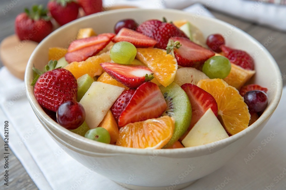 fruit salad in a bowl of strawberries, bananas, apples and oranges fruit salad in a bowl of strawberries, bananas, apples and oranges