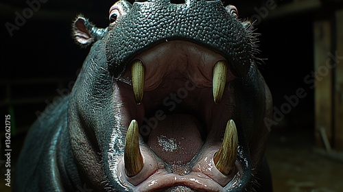 Close-up of a hippopotamus's open mouth, showcasing its large teeth and pink tongue