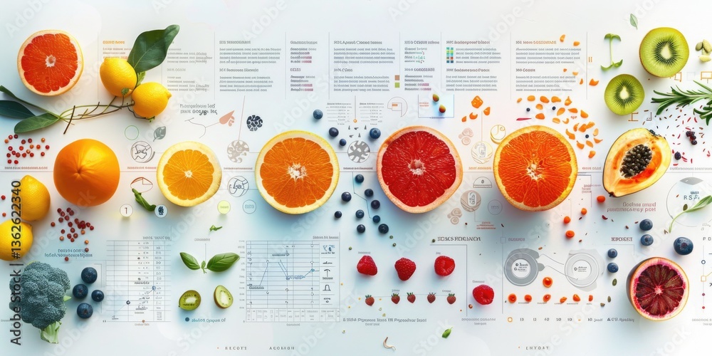 Creative composition of sliced citrus fruits, berries, kiwi and papaya with health and nutrition data charts, infographics and scientific diagrams on a white background symbolizing food science