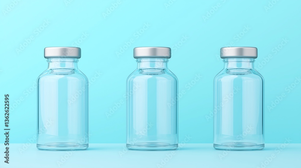 A collection of three clear glass bottles with silver caps arranged on a pastel blue background. Ideal for presentations, product mockups, or artistic compositions. A collection of three clear glass bottles with silver caps arranged on a pastel blue background. Ideal for presentations, product mockups, or artistic compositions.