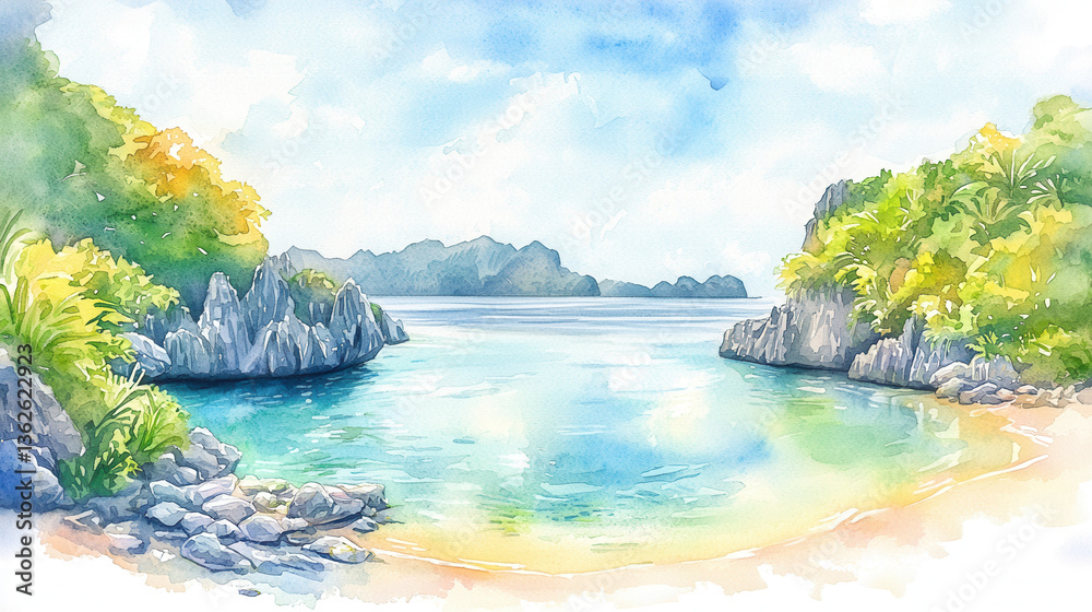 serene tropical lagoon with crystal clear water lush greenery in El Nido, Philippines serene tropical lagoon with crystal clear water lush greenery in El Nido, Philippines