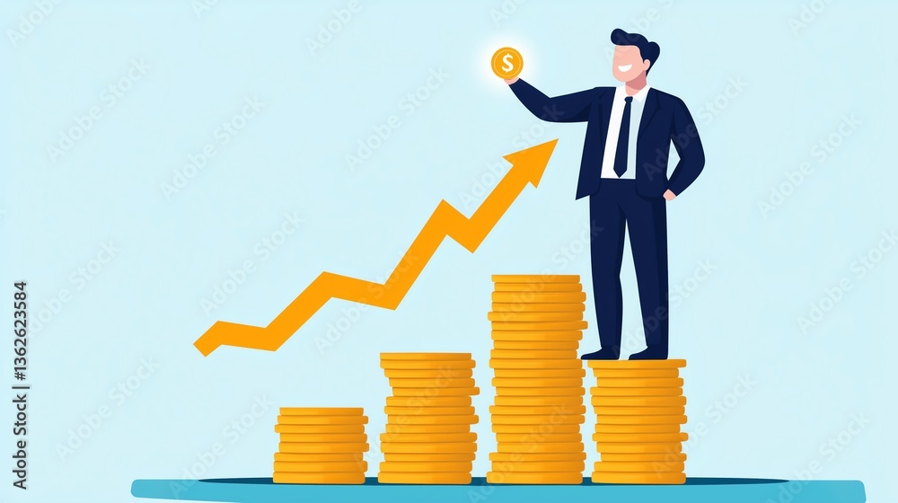 A confident businessman stands atop a stack of coins, holding a dollar coin with a rising chart in the background, symbolizing financial success and growth in investments.