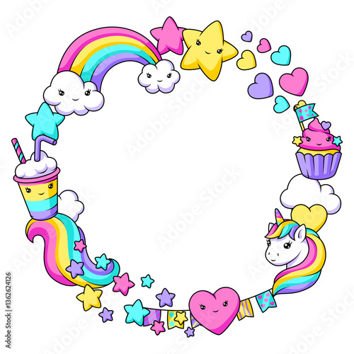 Frame with unicorn. Happy birthday party invitation.
