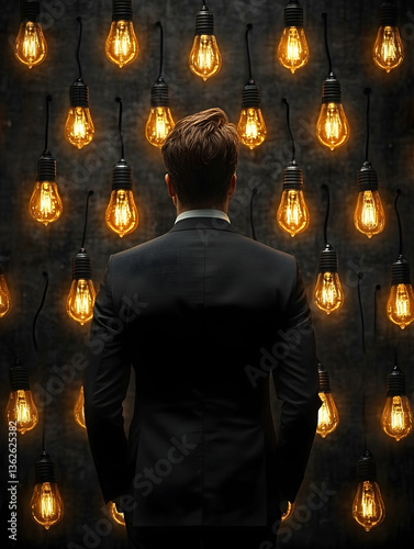 Man in suit faces a wall of glowing lightbulbs