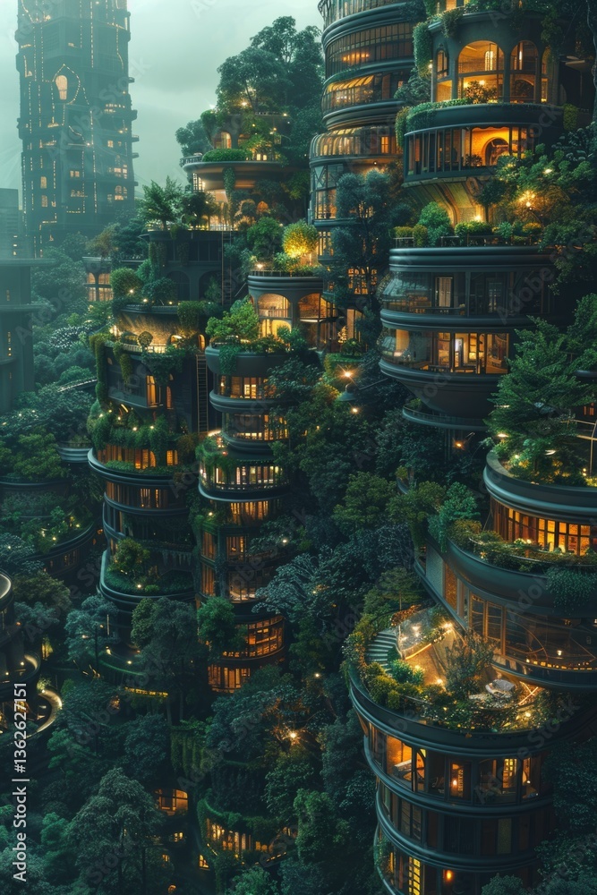 Fantasy forest settlement with round windowed houses built into trees and hills. Warm yellow lights glow inside. Lush greenery surrounds the structures. Concept of eco living and futuristic housing